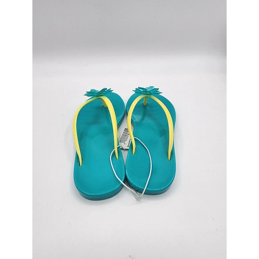 Sea Turquoise Yellow Flower Jelly Flip Flop Sandals Size 12